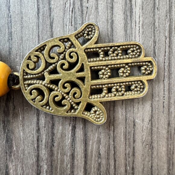 Gold Tone Hamsa Necklace with Turquoise and Brown Beads - Picture 3 of 3